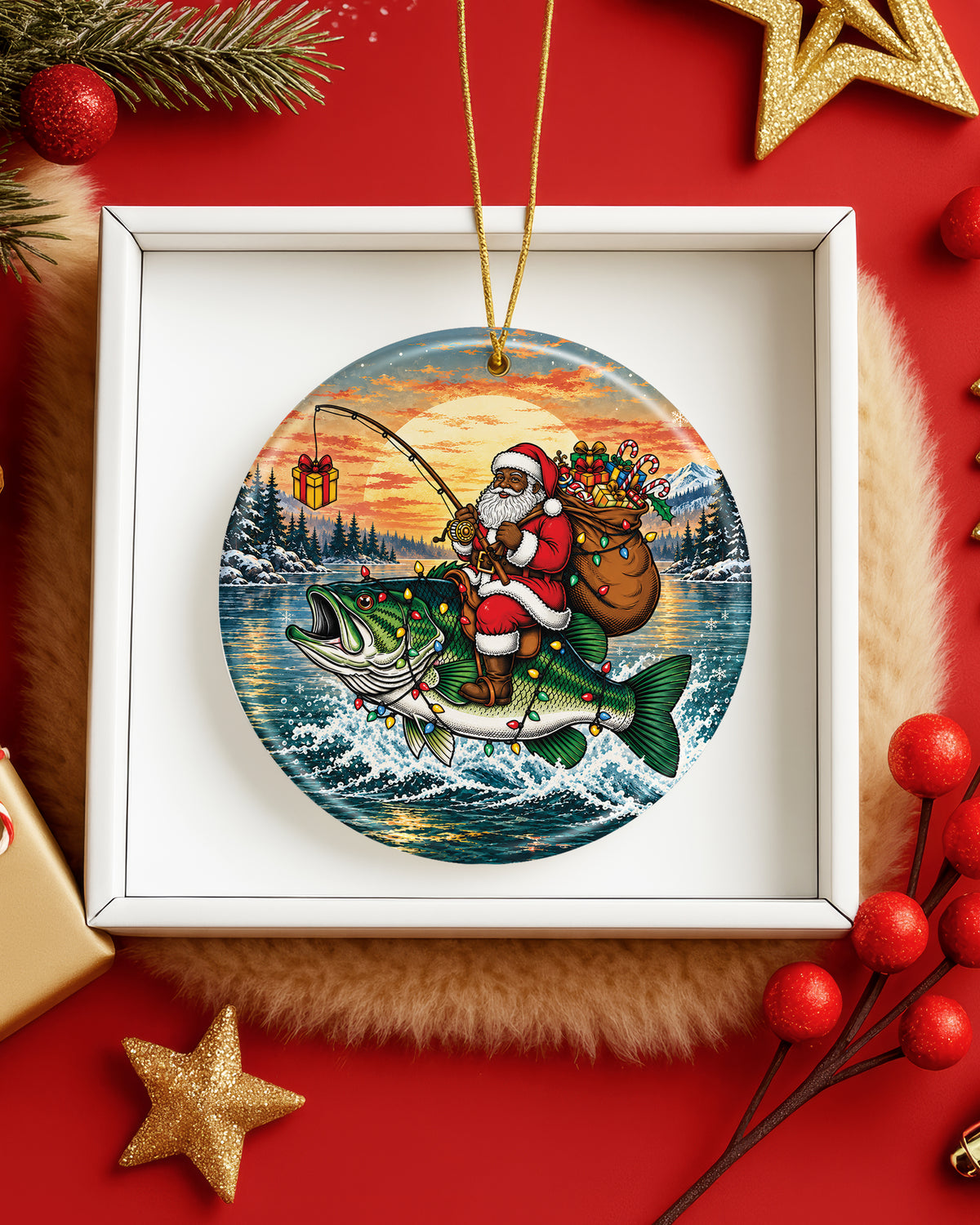Black Santa Fishing Bass Christmas Ornament
