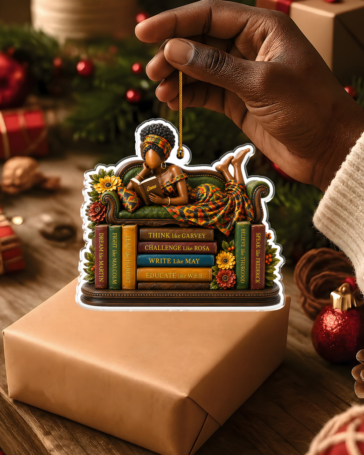 Personalized Black Woman Reading Books Acrylic Ornament