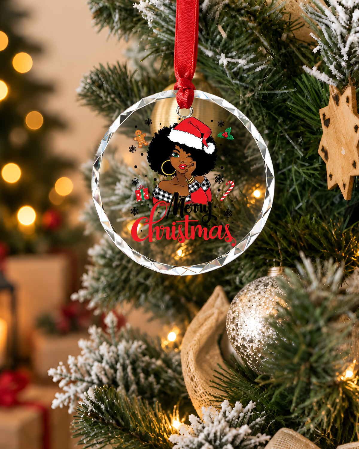 Winking Black Santa Girl Glass Ornament Xmas Decor
