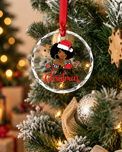 Winking Black Santa Girl Glass Ornament Xmas Decor