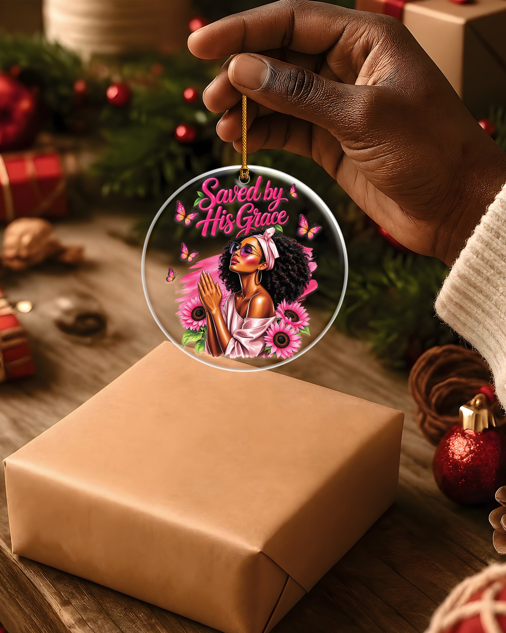 Black Woman Saved By His Grace Acrylic Ornament