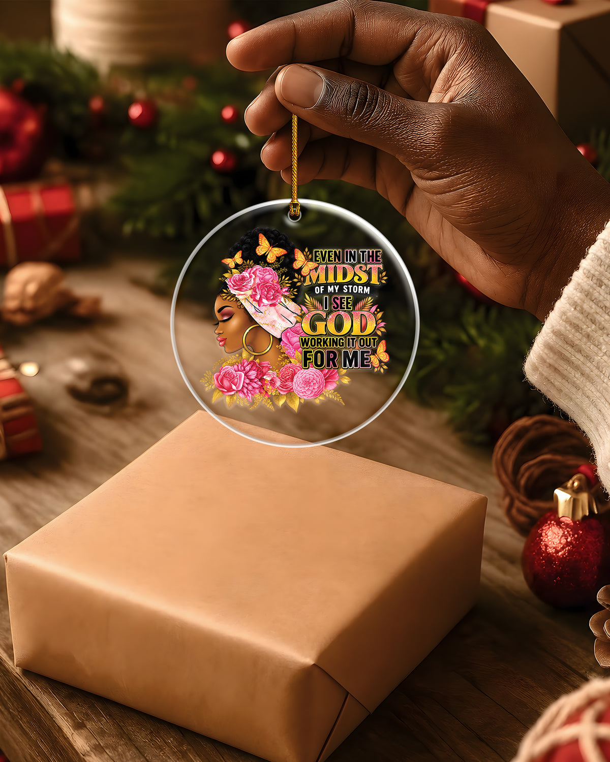 Black Woman Faith In The Storm Acrylic Ornament