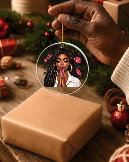 Black Queen Christmas Ornament - Praying Woman Floral Holiday Decor