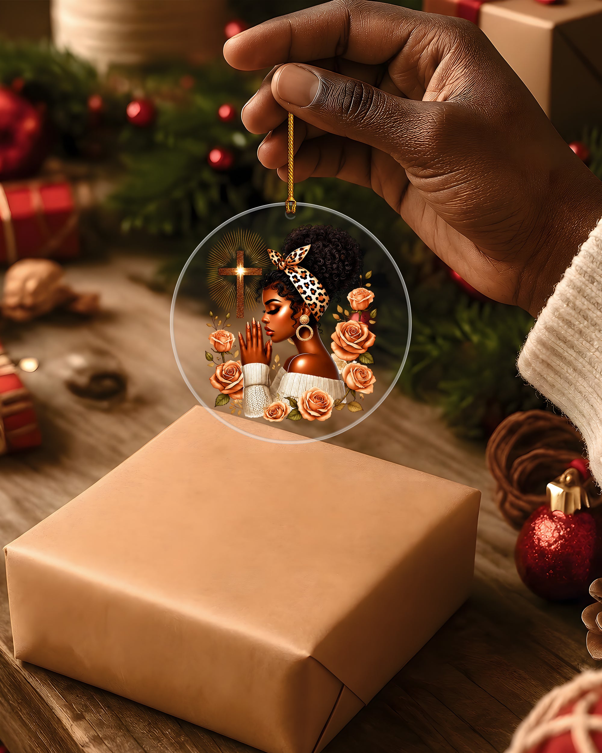 Black Woman Christmas Ornament - Faith Cross Rose Acrylic Decoration