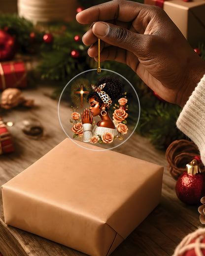 Black Woman Christmas Ornament - Faith Cross Rose Acrylic Decoration