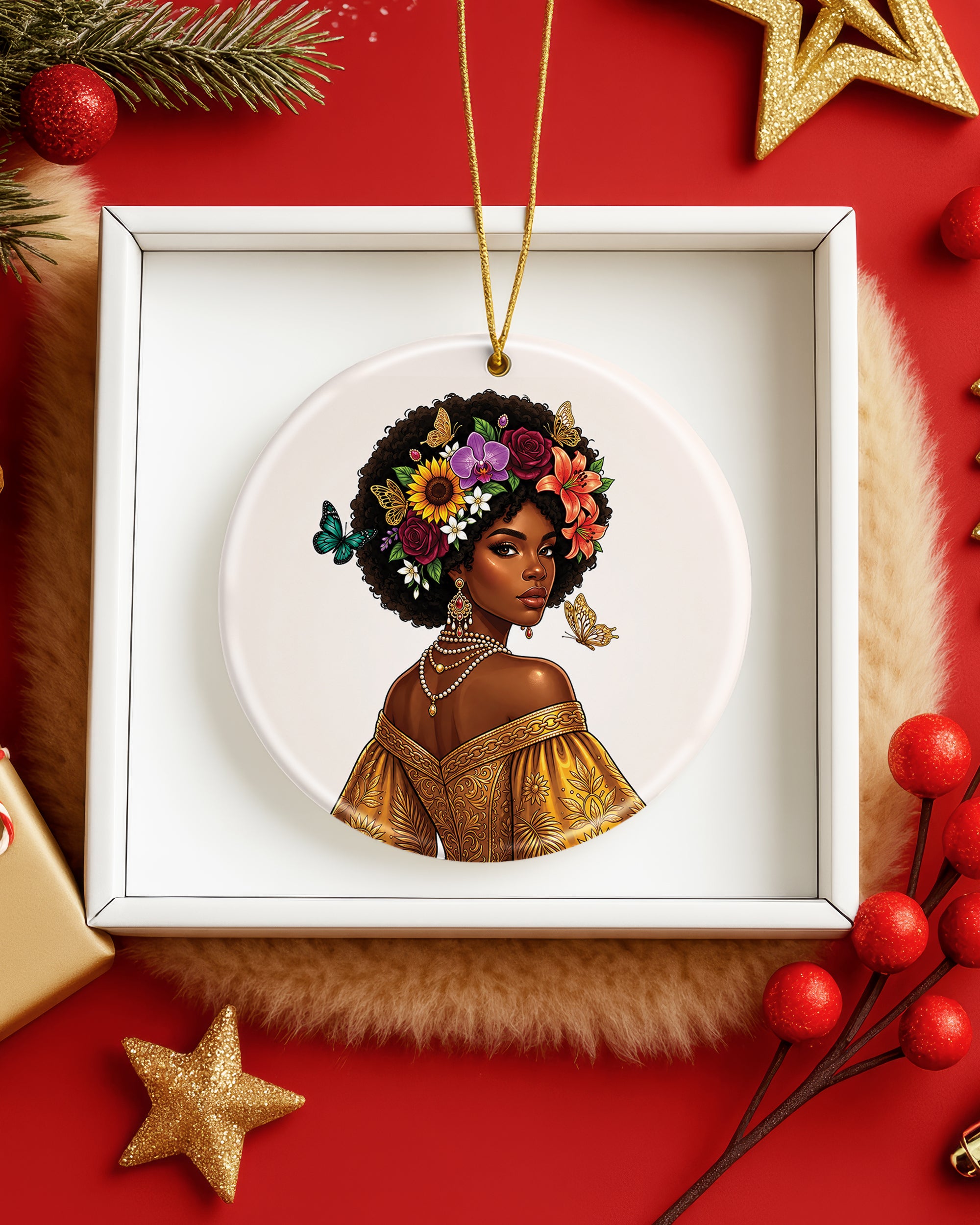 Black Woman Floral Ornament - African American Beauty Christmas Ornament