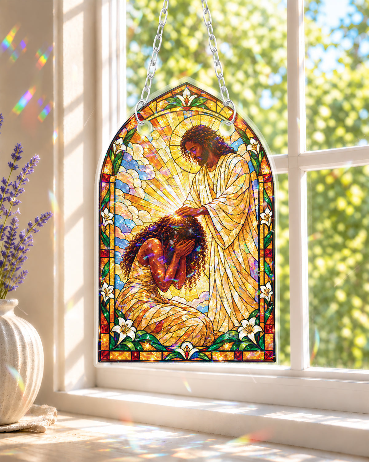 Jesus Blessing Black Woman Window Suncatcher Decor