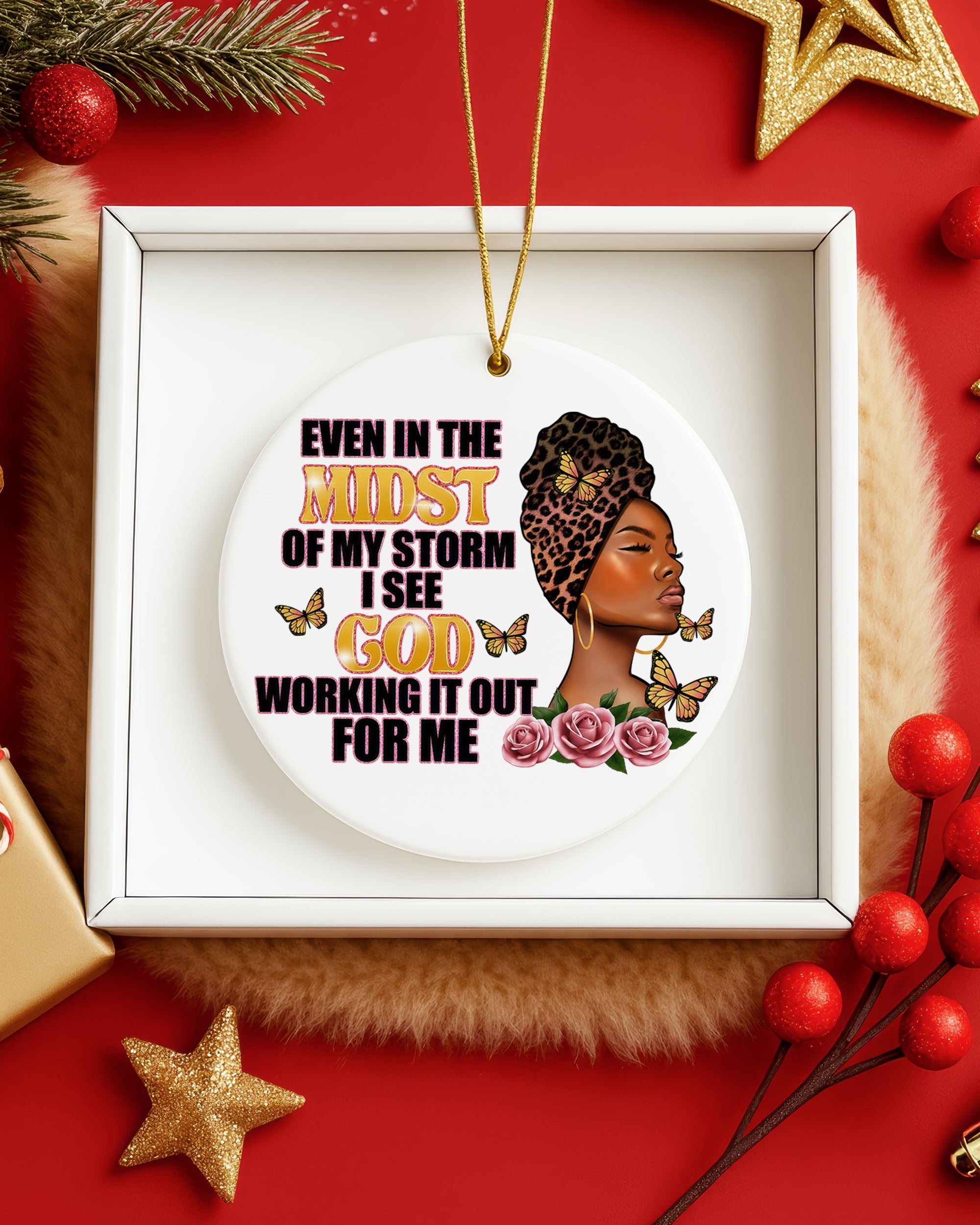 Black Woman Trust in God Christmas Ornament, Faith Over Storm Ceramic Ornament