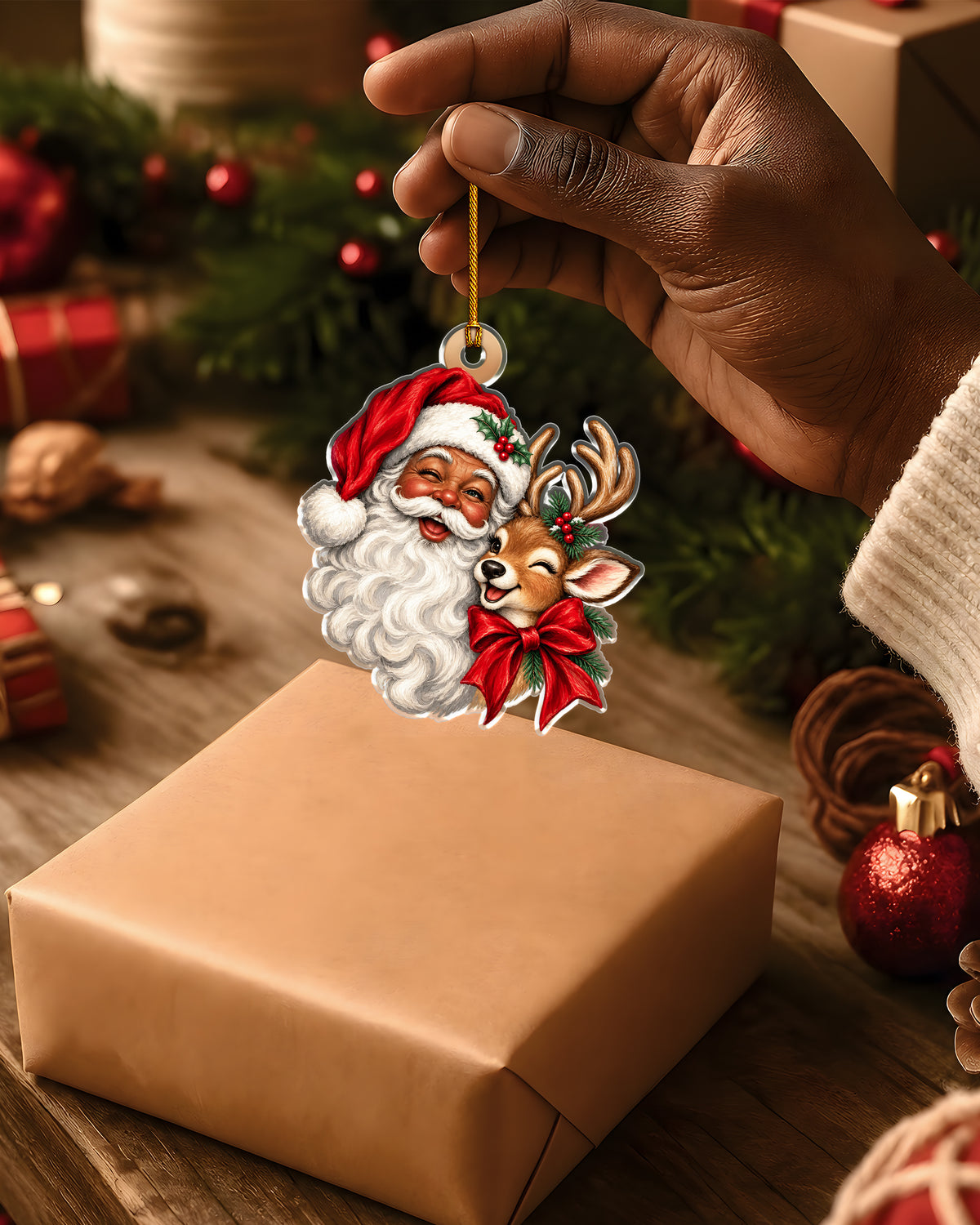 Smiling Black Santa Hugging Reindeer Ornament