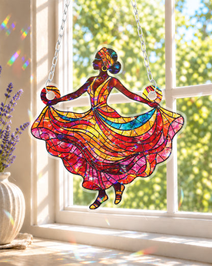 Black Queen Dancing Woman Stained Suncatcher Window Decor