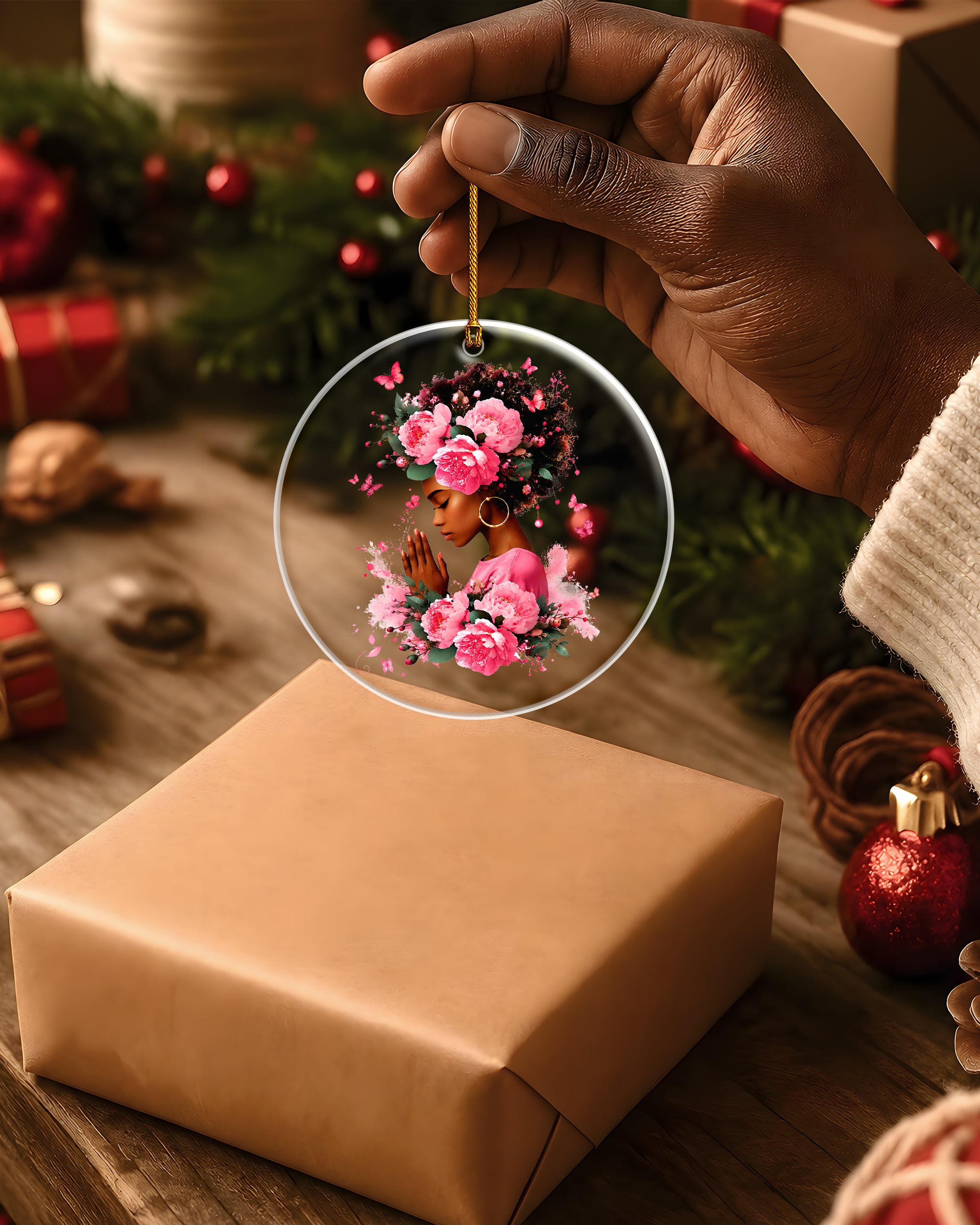Black Queen Christmas Ornament - Pink Floral Acrylic Holiday Decor