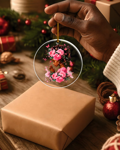 Black Queen Christmas Ornament - Pink Floral Acrylic Holiday Decor