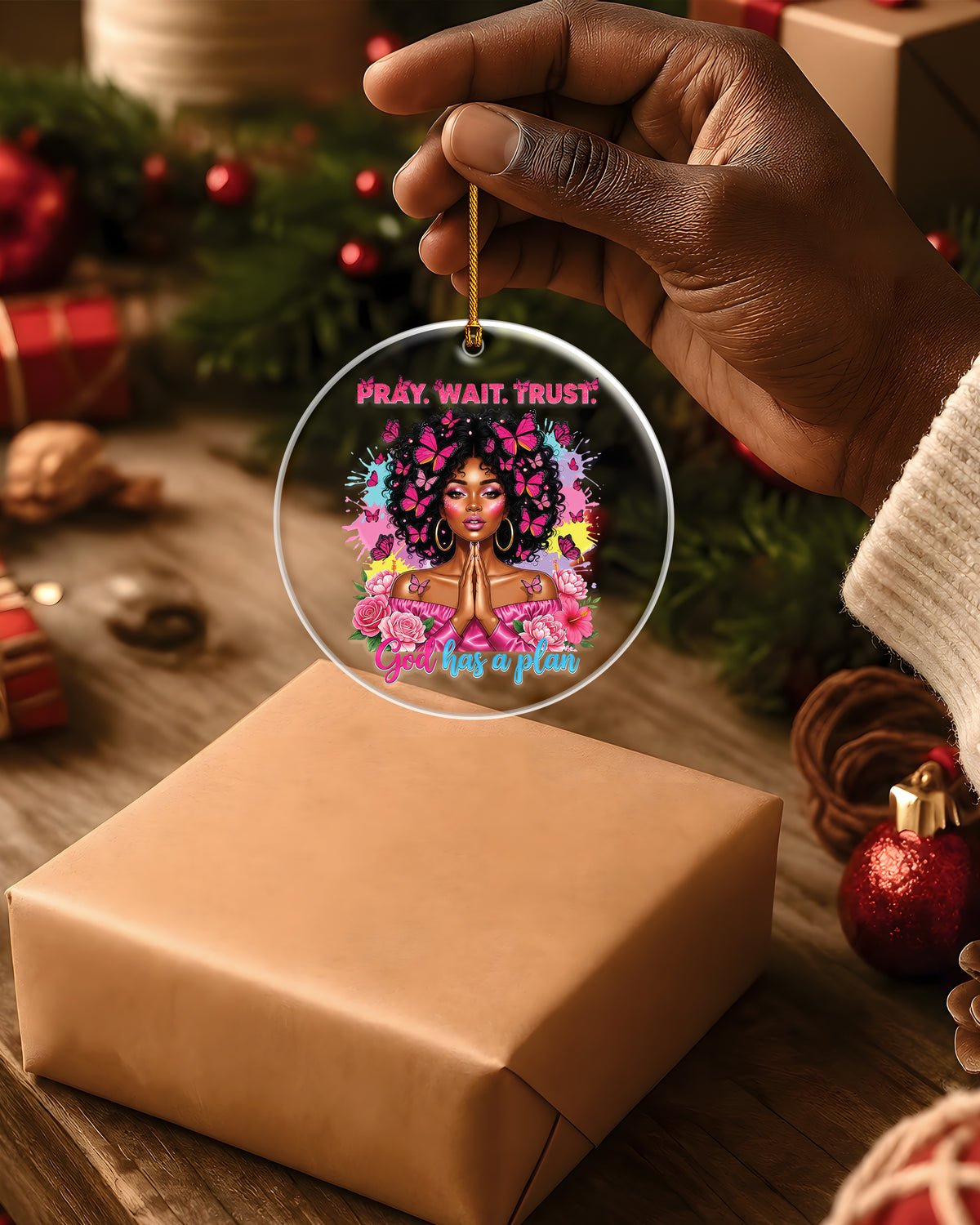Black Woman Faith Butterfly Pink Acrylic Ornament