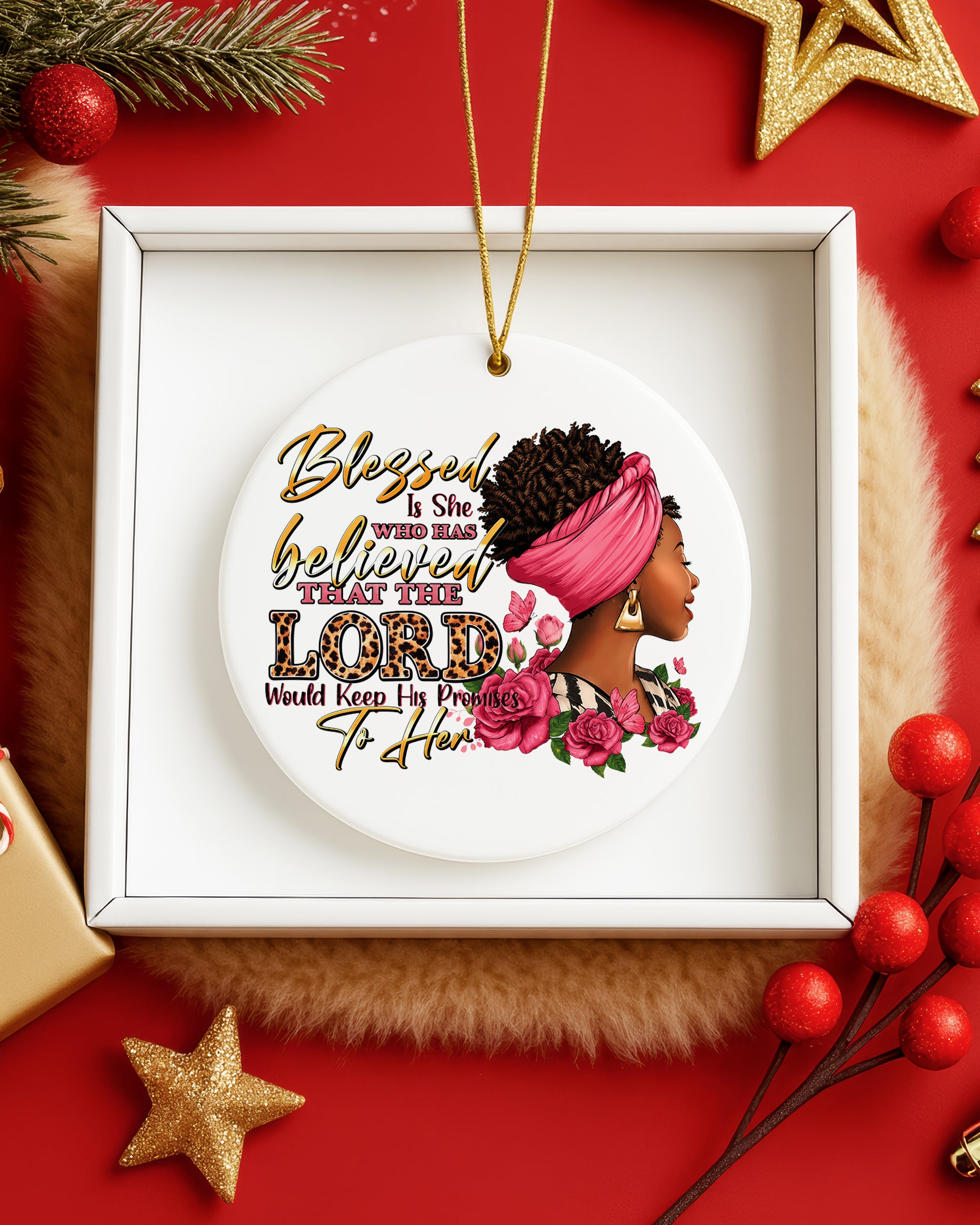 Black Woman Blessed by the Lord Christmas Ornament, Faith & God Ceramic Ornament