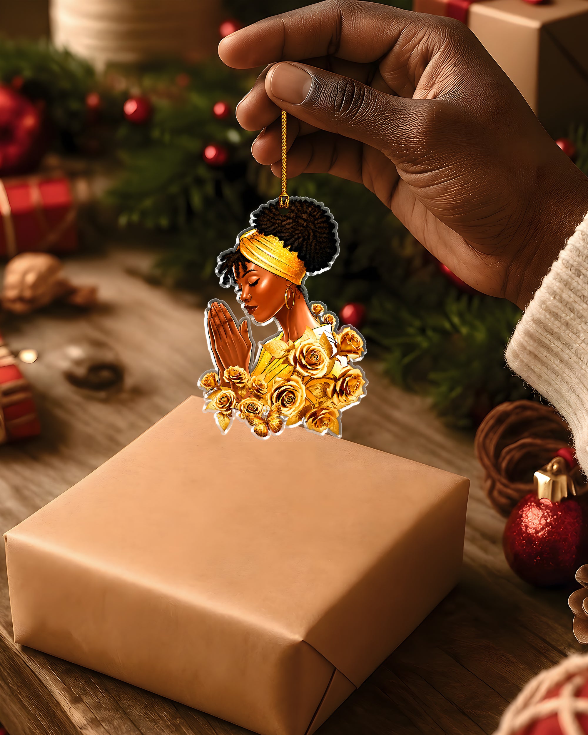 Black Woman Christmas Ornament, African American Prayer Acrylic Holiday Decor