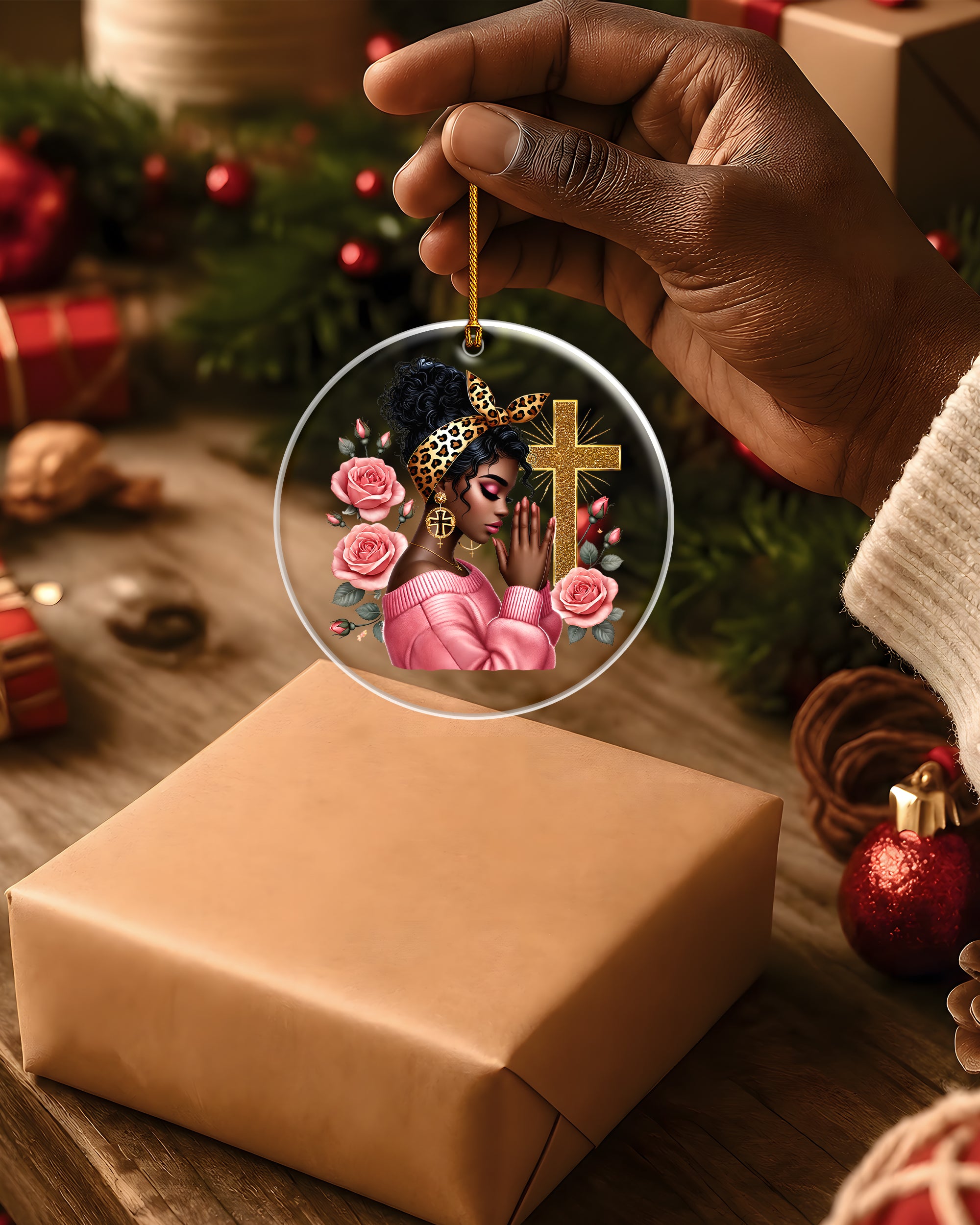 Black Beauty Christmas Ornament - Praying Woman Cross Decoration