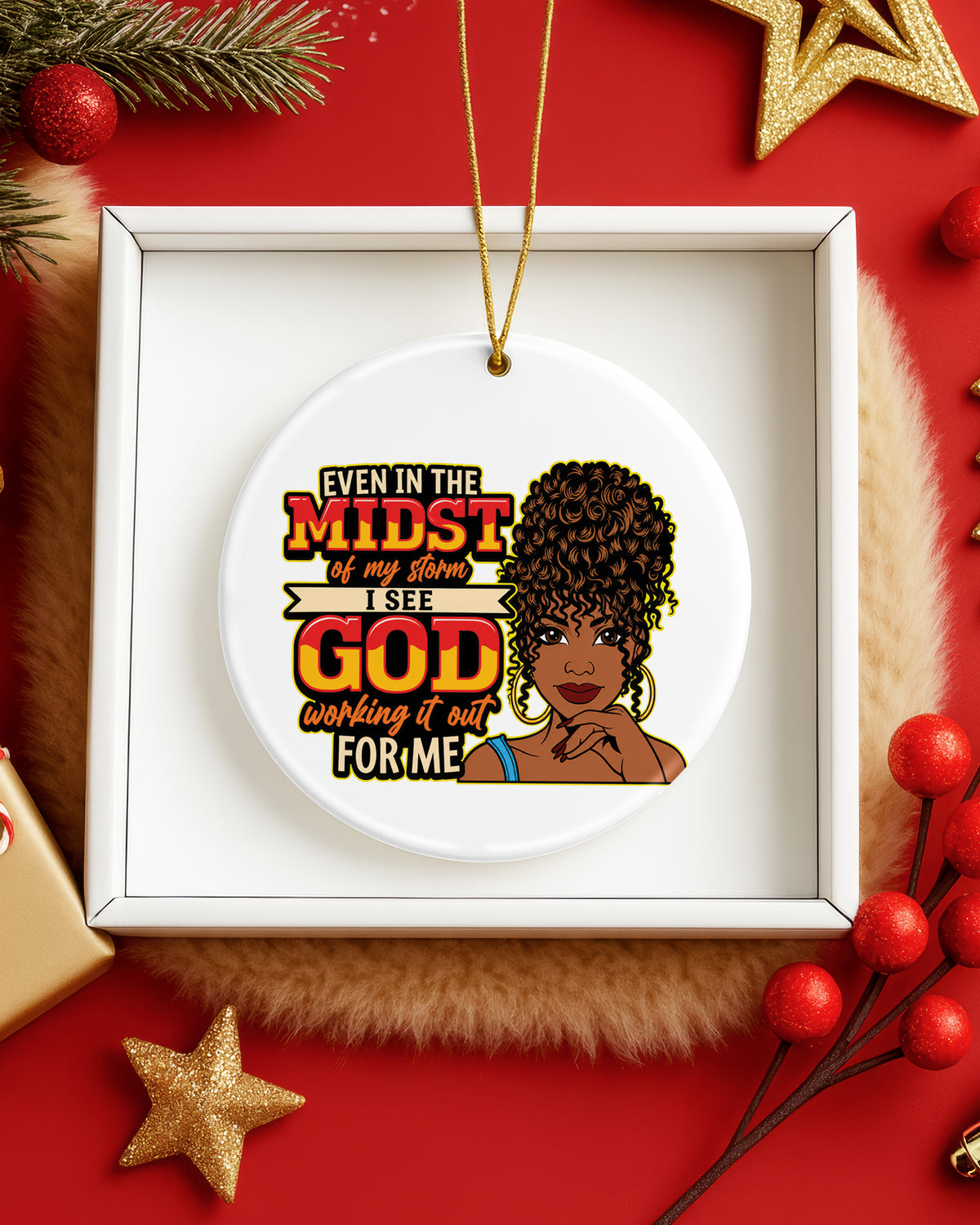 God Working It Out Black Woman Ceramic Christmas Ornament