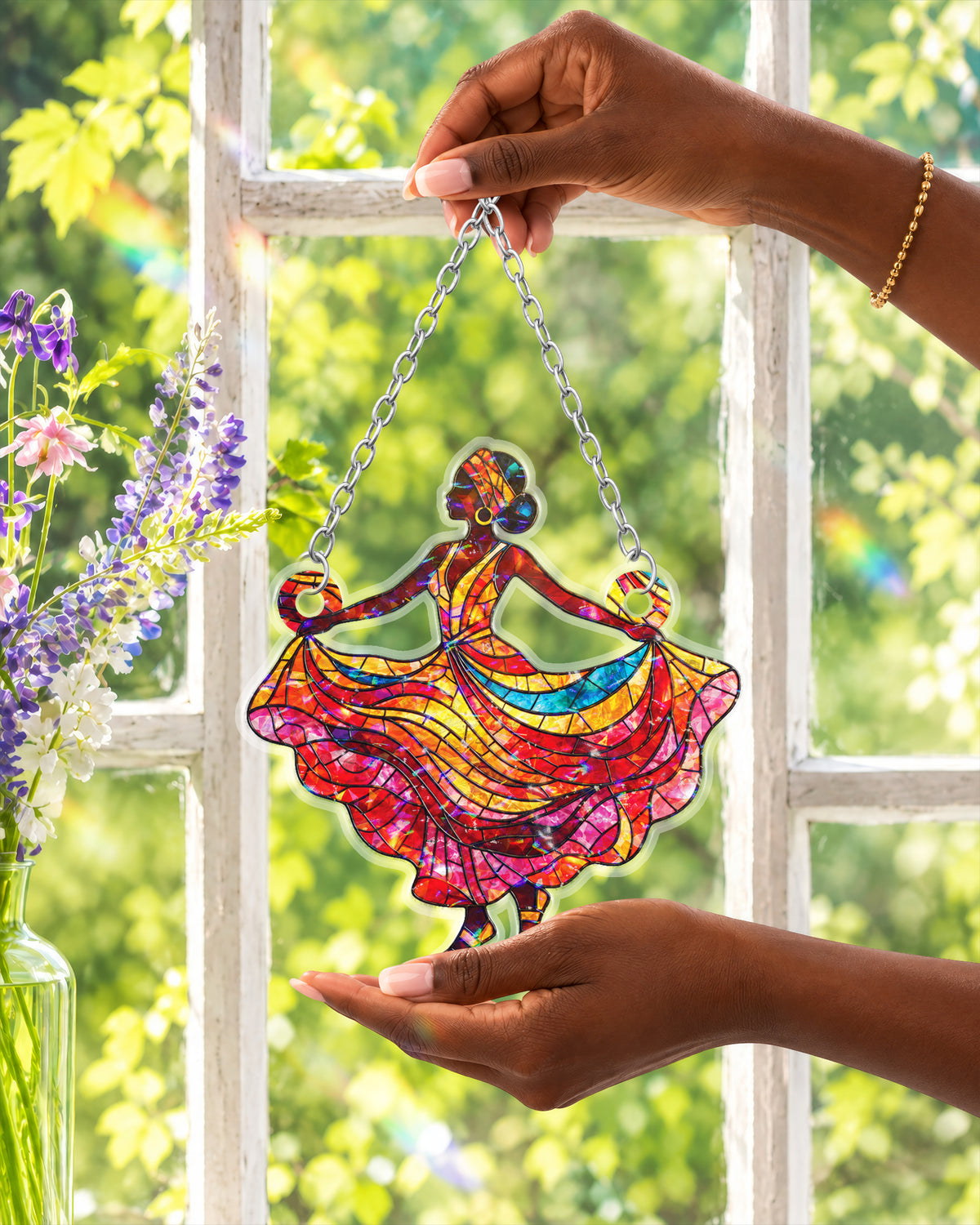 Black Queen Dancing Woman Stained Suncatcher Window Decor