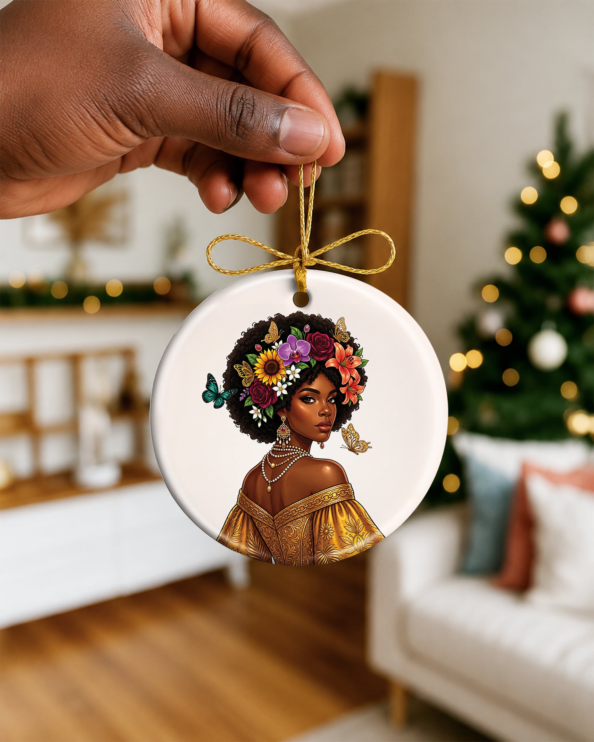 Black Woman Floral Ornament - African American Beauty Christmas Ornament