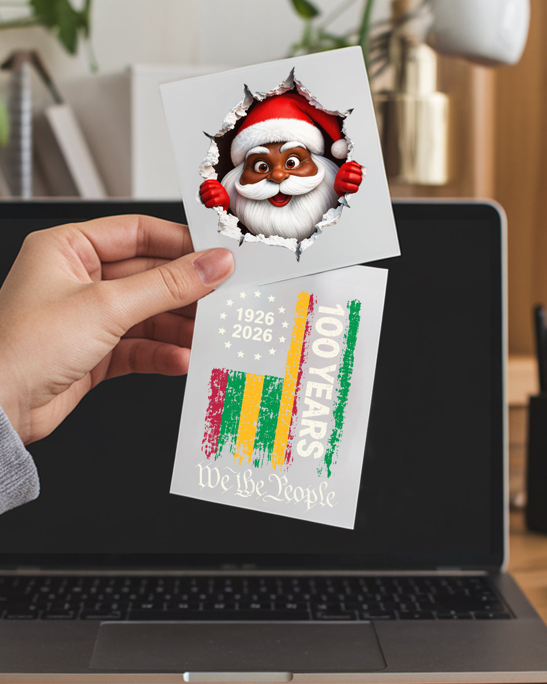 Black Santa Peeking Decal - African American Xmas Sticker
