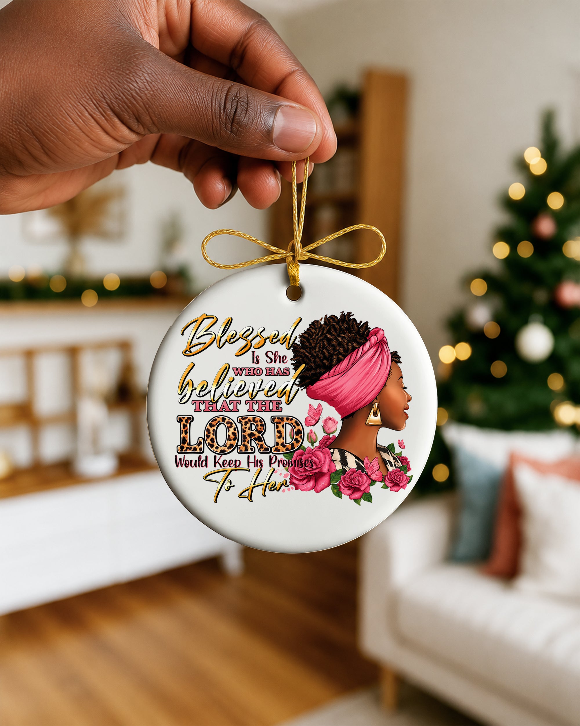 Black Woman Blessed by the Lord Christmas Ornament, Faith & God Ceramic Ornament