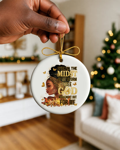 Black Woman Faith Christmas Ornament, God Is Working Ceramic Ornament