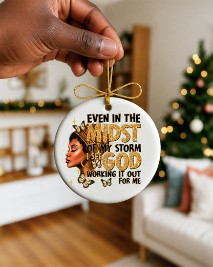 Black Woman Faith Christmas Ornament, God Is Working Ceramic Ornament