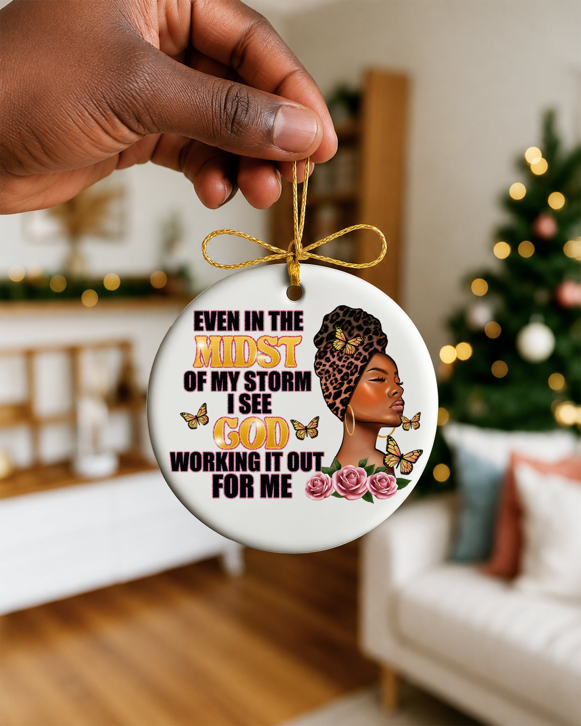 Black Woman Trust in God Christmas Ornament, Faith Over Storm Ceramic Ornament