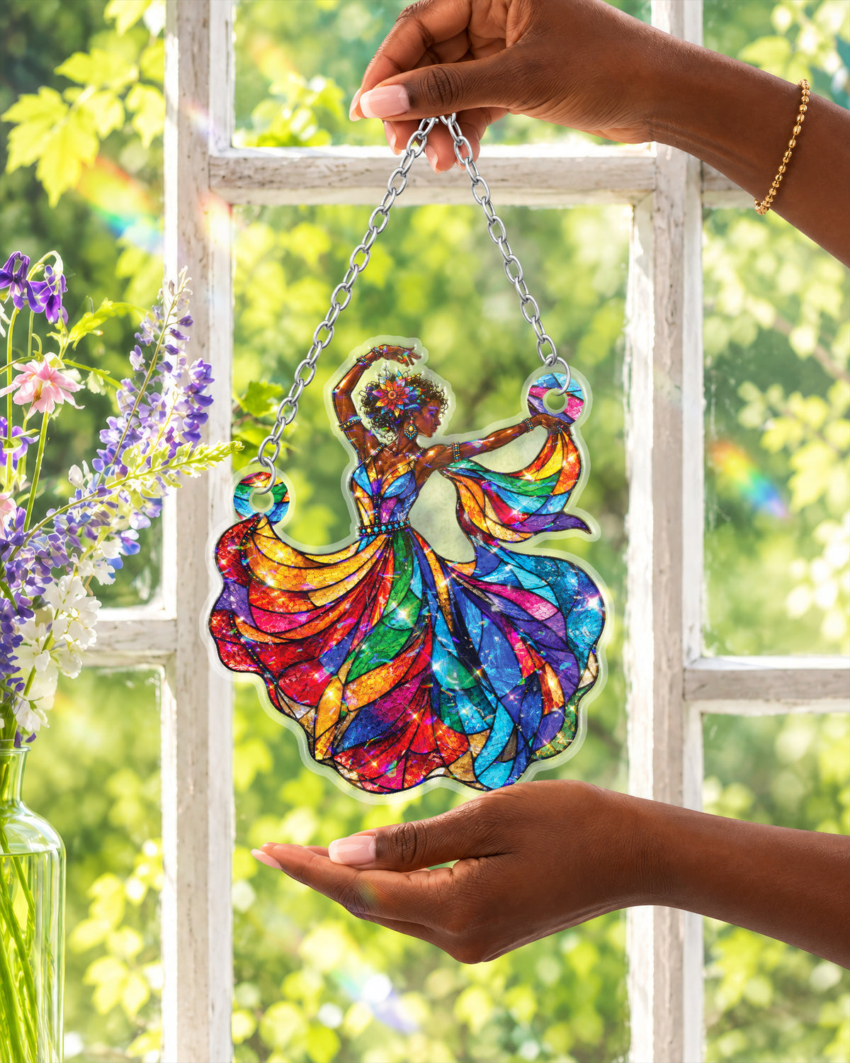 Afro Queen Dancing Stained Suncatcher Home Decor Gift