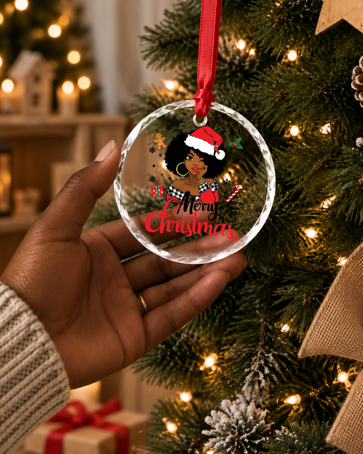 Winking Black Santa Girl Glass Ornament Xmas Decor