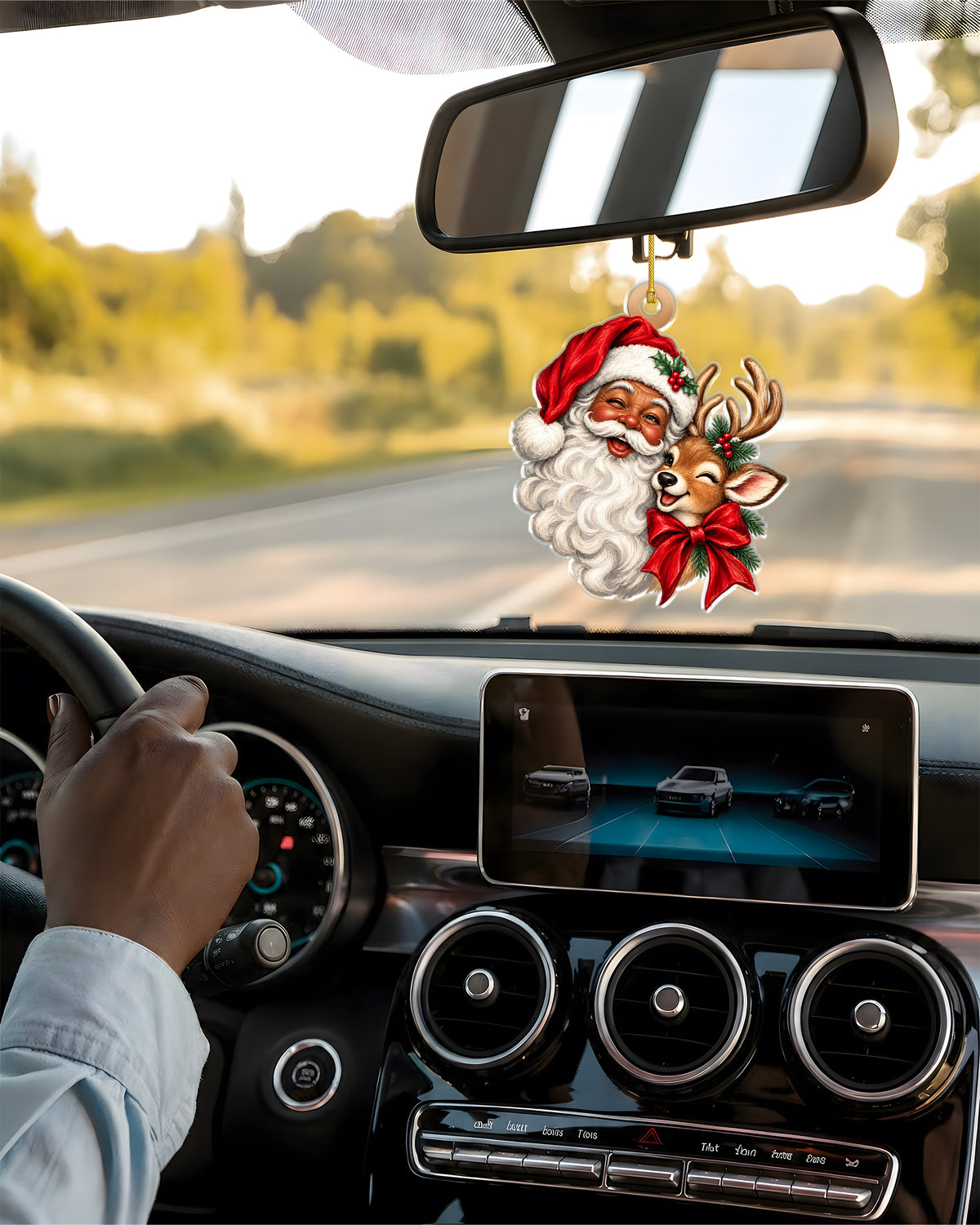 Smiling Black Santa Hugging Reindeer Ornament
