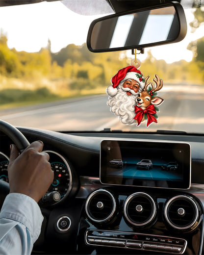 Smiling Black Santa Hugging Reindeer Ornament