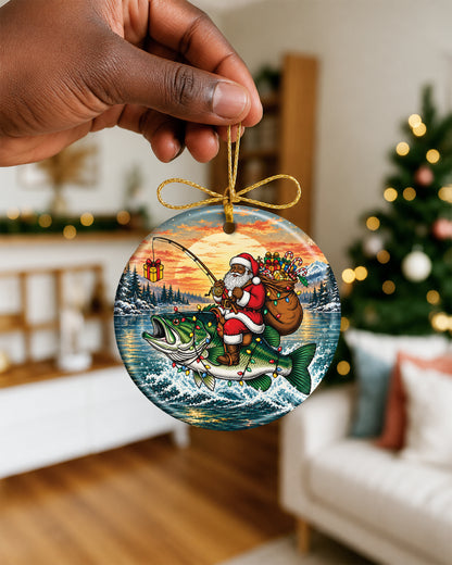 Black Santa Fishing Bass Christmas Ornament