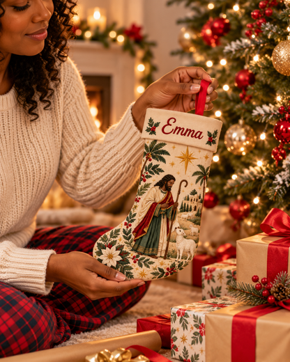 Black Jesus Shepherd Custom Name Christmas Stocking