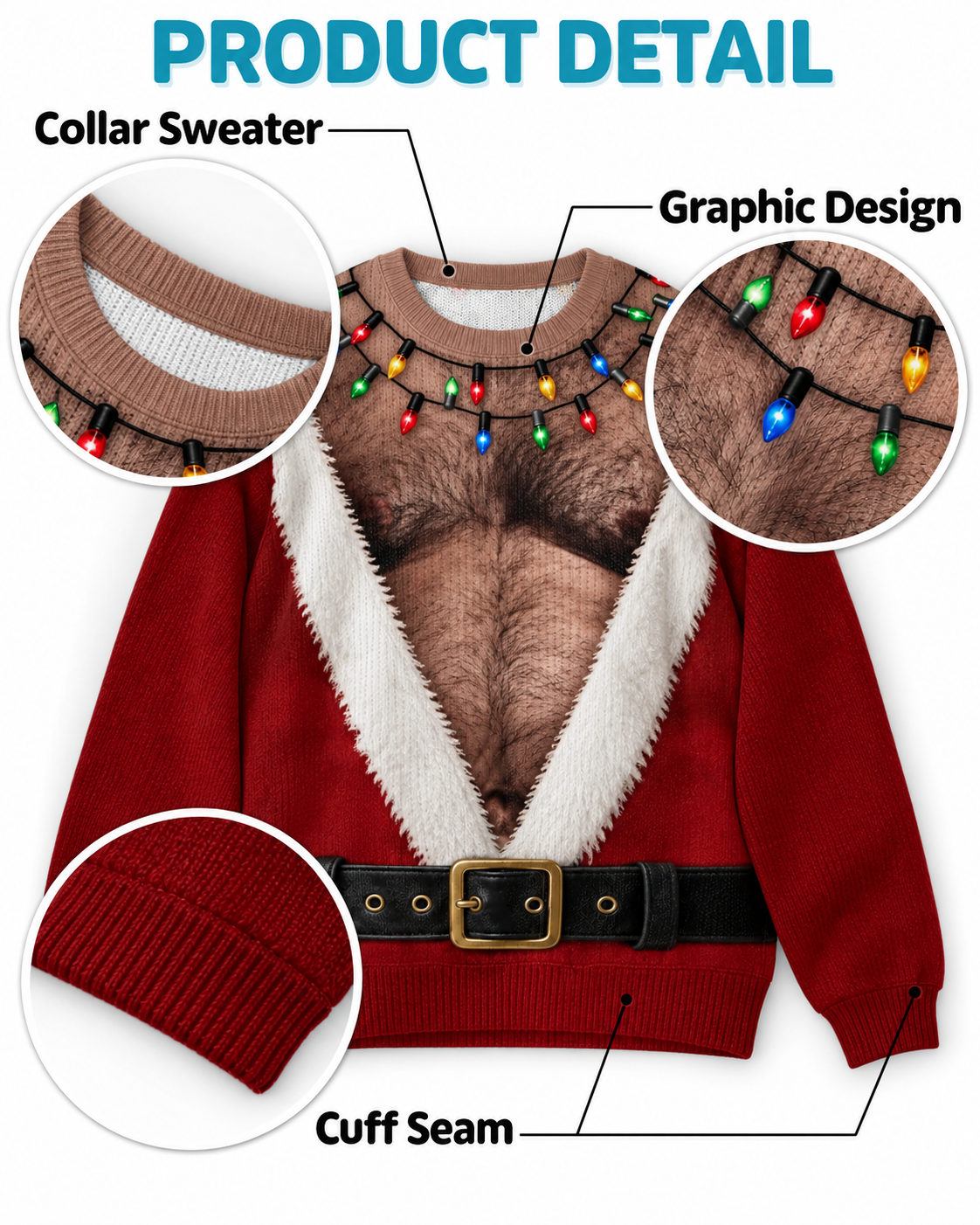Black Santa Hairy Chest Ugly Christmas Sweater