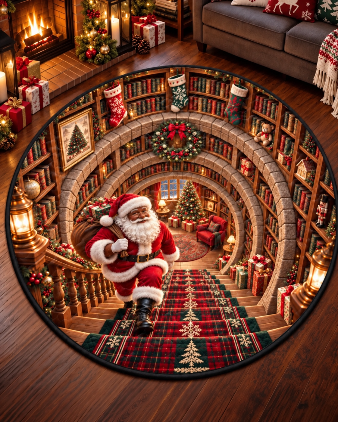 Black Santa Christmas Stairway Magic Quilted Round Mat