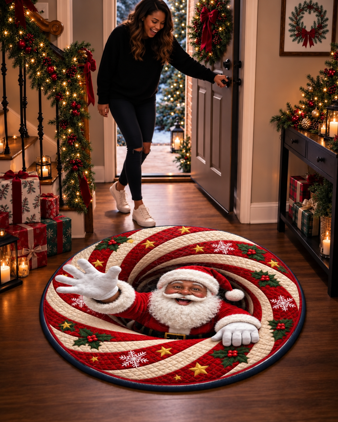 Joyful Black Santa Christmas Surprise Quilted Round Mat
