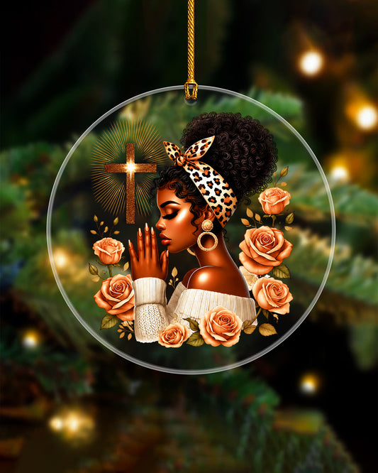 Black Woman Christmas Ornament - Faith Cross Rose Acrylic Decoration