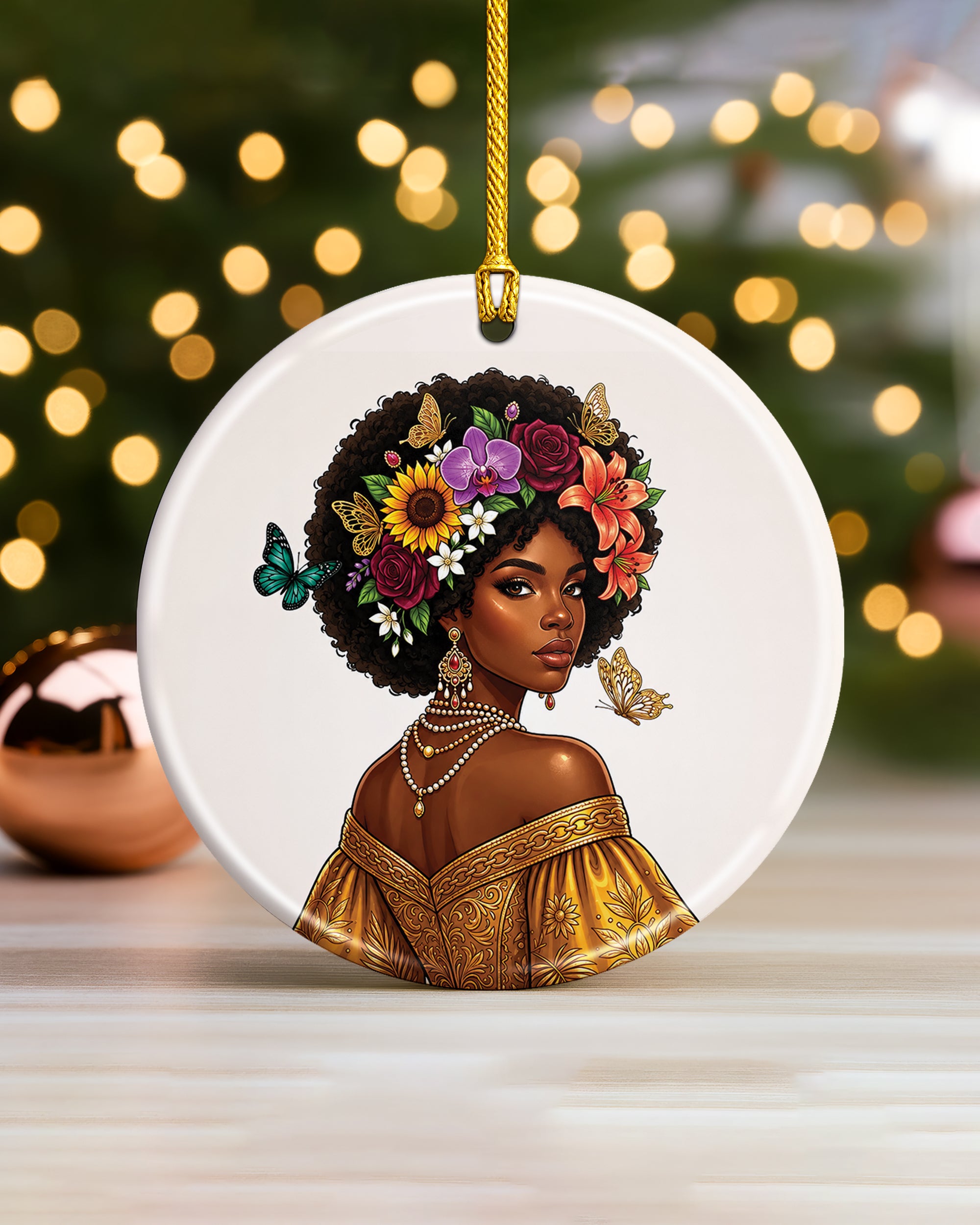 Black Woman Floral Ornament - African American Beauty Christmas Ornament