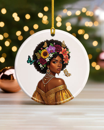 Black Woman Floral Ornament - African American Beauty Christmas Ornament