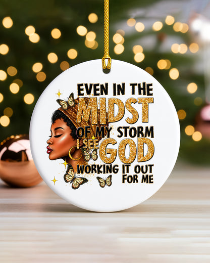 Black Woman Faith Christmas Ornament, God Is Working Ceramic Ornament