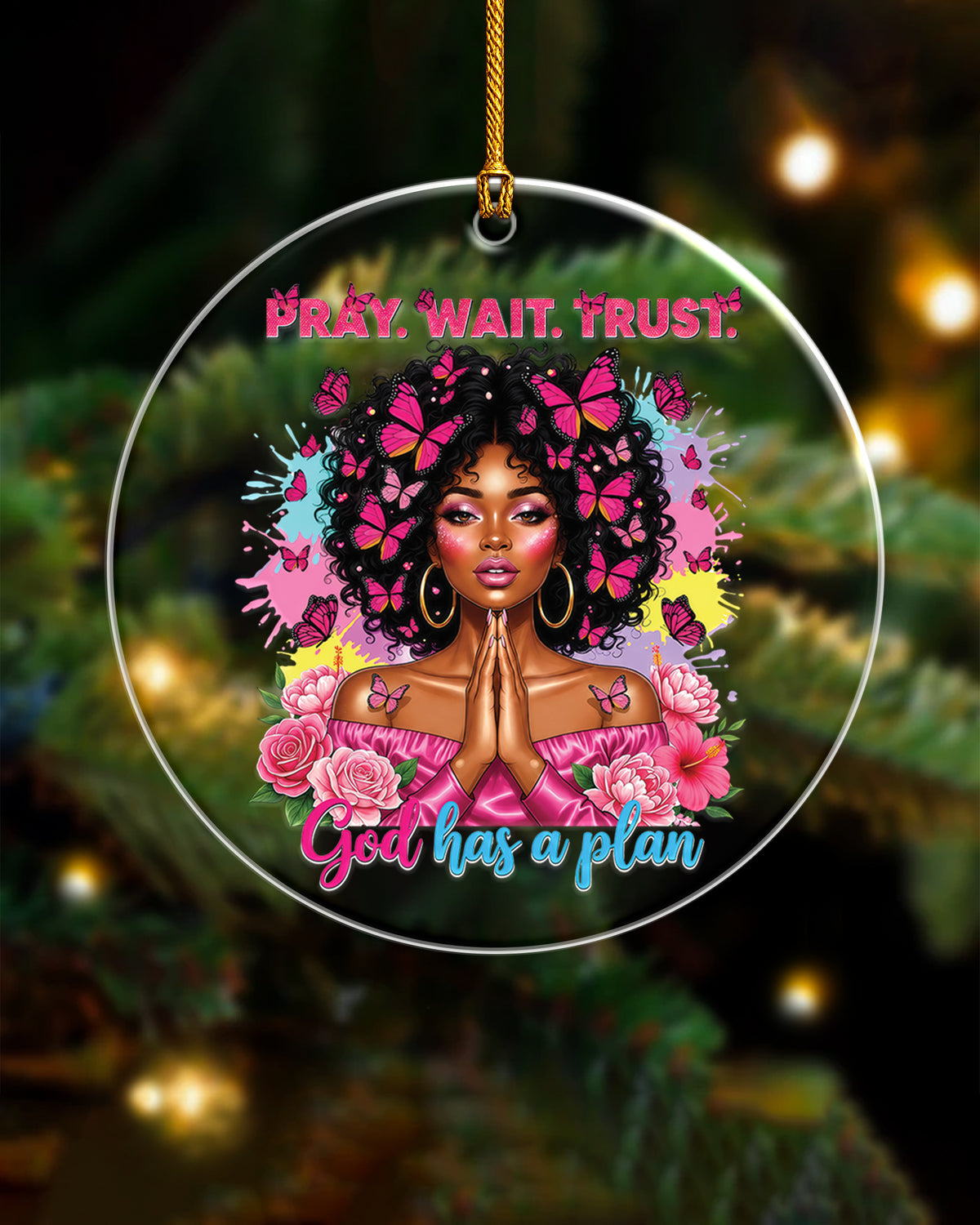 Black Woman Faith Butterfly Pink Acrylic Ornament