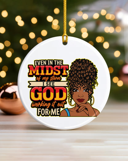 God Working It Out Black Woman Ceramic Christmas Ornament