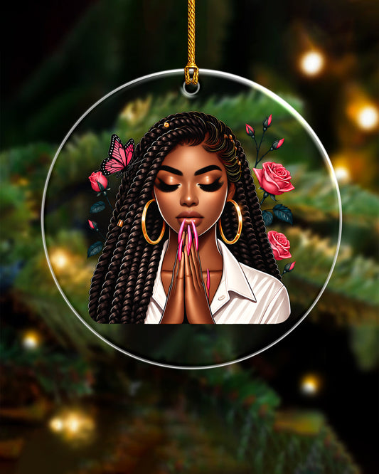 Black Queen Christmas Ornament - Praying Woman Floral Holiday Decor
