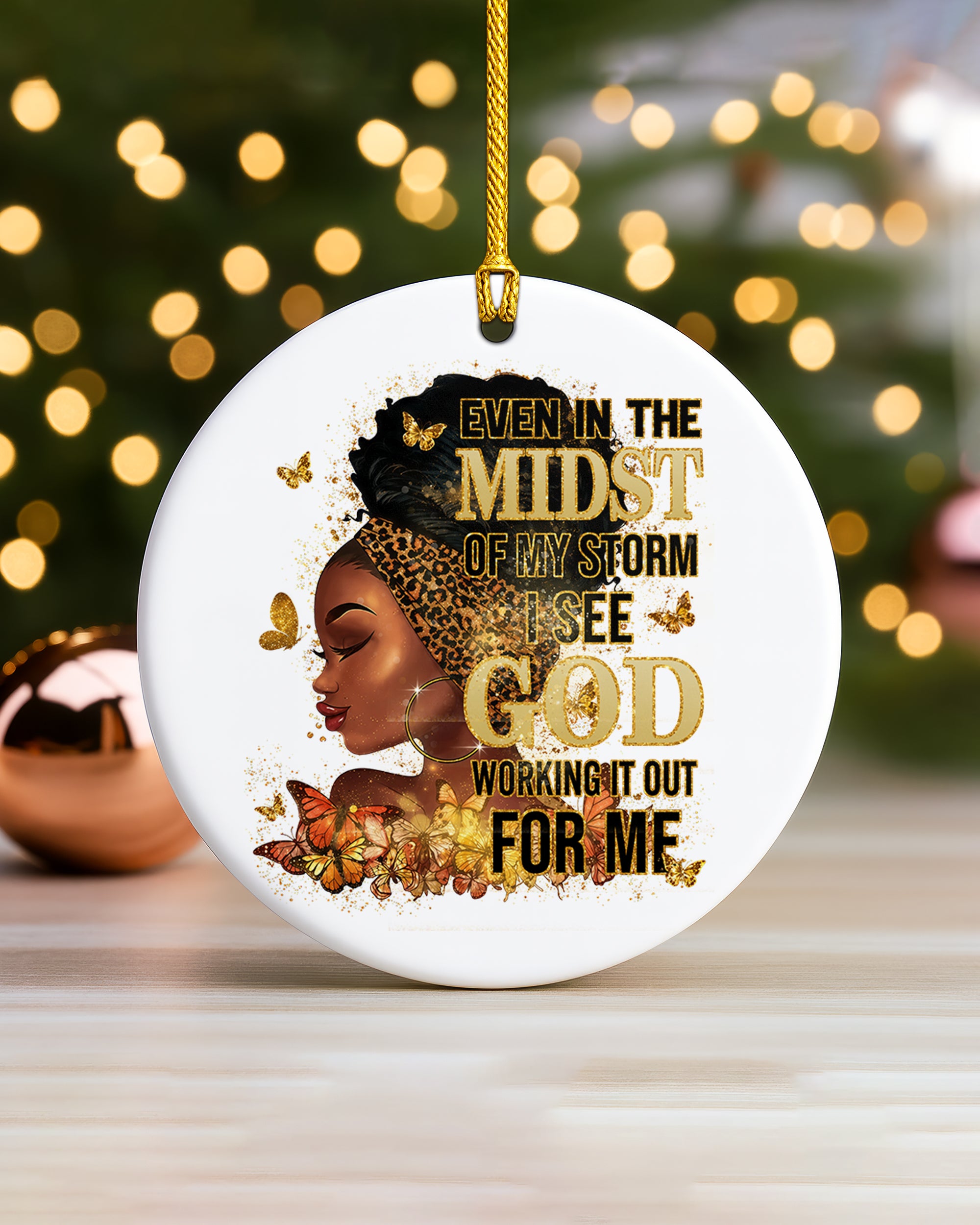 Black Woman Faith Christmas Ornament, God Is Working Ceramic Ornament
