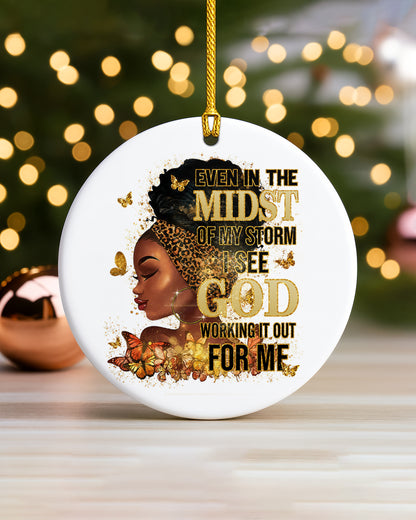Black Woman Faith Christmas Ornament, God Is Working Ceramic Ornament