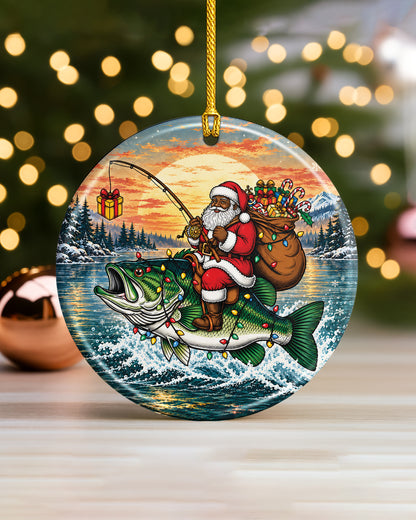 Black Santa Fishing Bass Christmas Ornament