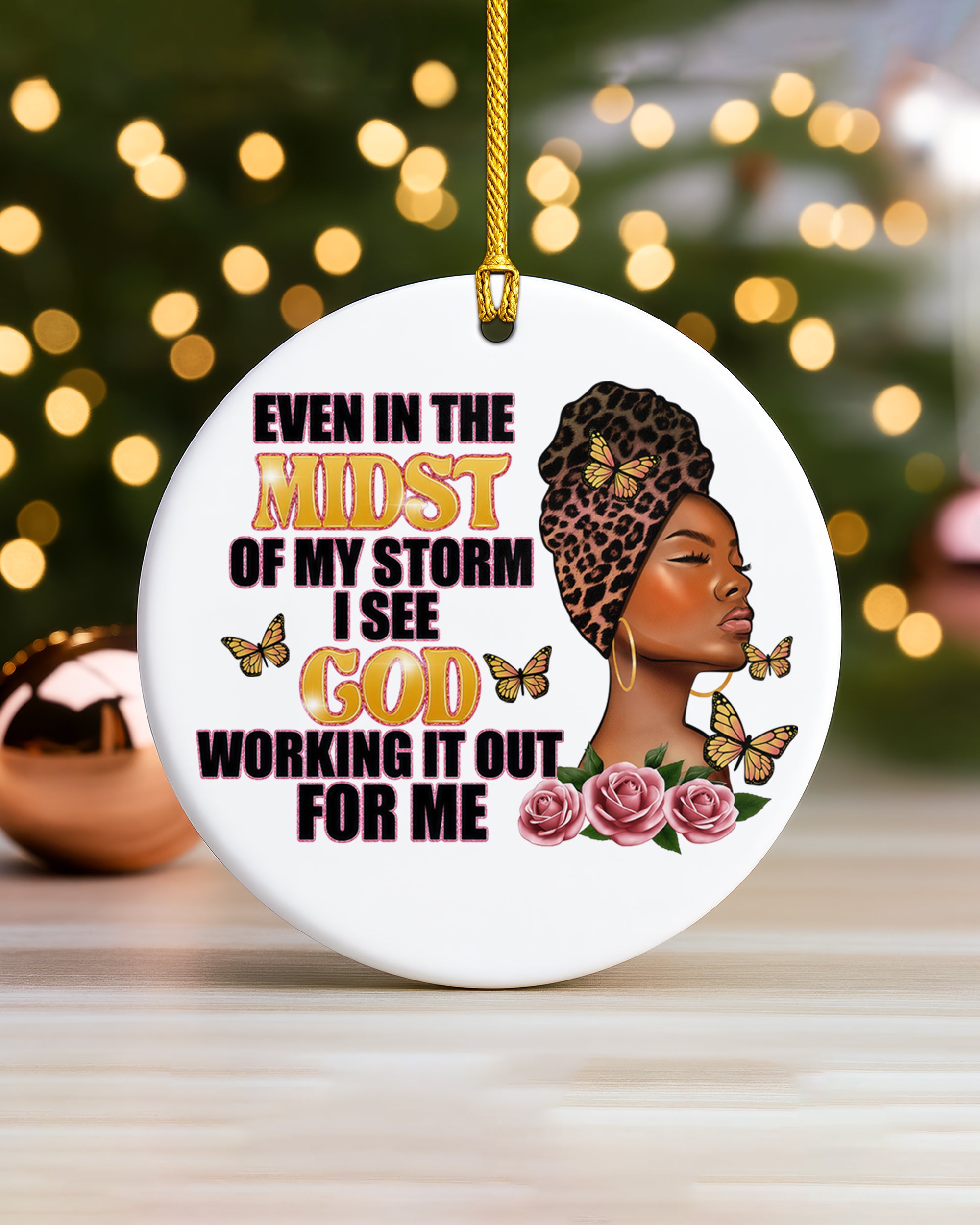 Black Woman Trust in God Christmas Ornament, Faith Over Storm Ceramic Ornament
