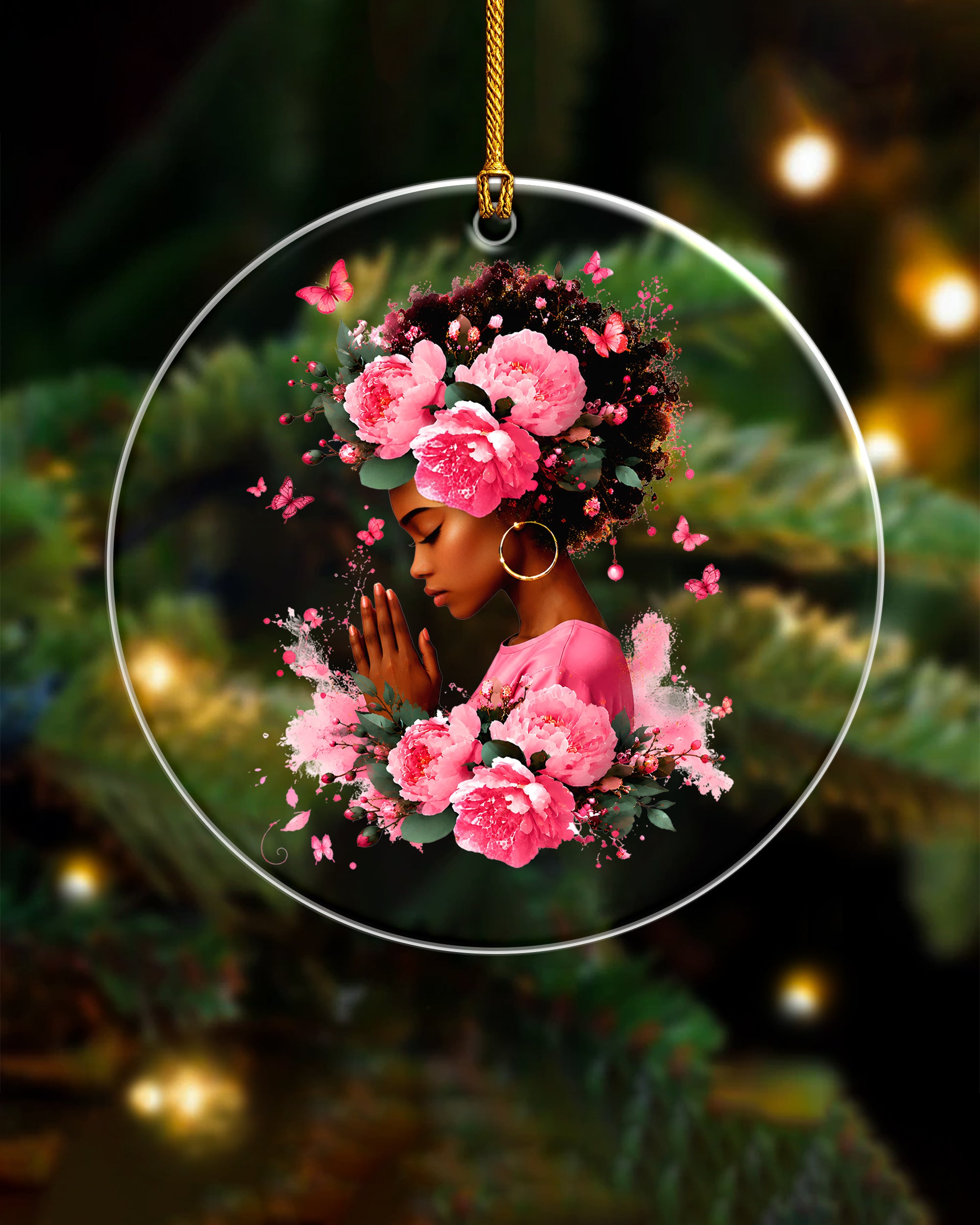 Black Queen Christmas Ornament - Pink Floral Acrylic Holiday Decor