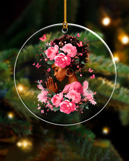 Black Queen Christmas Ornament - Pink Floral Acrylic Holiday Decor